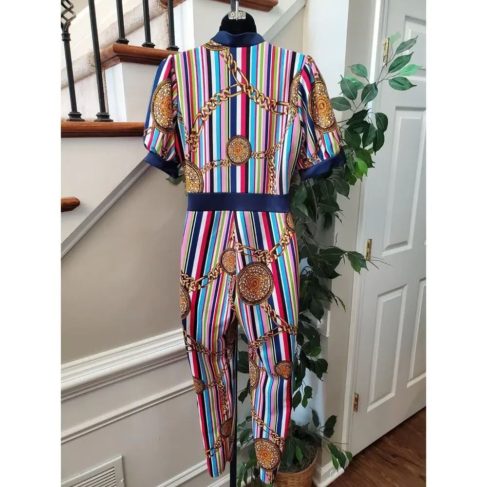 Good Time Womens Multicolor Striped Medallion Short Sleeve Casual Jumpsuit Large - Picture 6 of 11